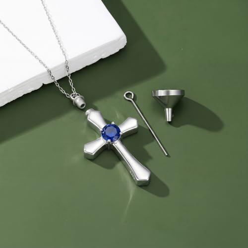 YYB Urn Necklace for Ashes Women Heart Birthstone Cross Cremation Jewelry | Memorial Keepsake Funeral Jewelry for Loved Ones (with Funnel Filler) - color: 09--Sapphire September