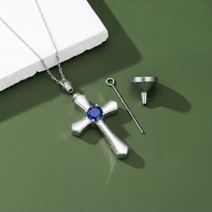 YYB Urn Necklace for Ashes Women Heart Birthstone Cross Cremation Jewelry | Memorial Keepsake Funeral Jewelry for Loved Ones (with Funnel Filler) - color: 09--Sapphire September