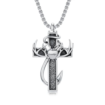 Cross Urn Necklace for Ashes Fish Hook Antler Cremation Pendant 925 Sterling Silver Nail Cross Memorial Jewelry Engraving Name Keepsake Gifts for Men Dad Husband - color: 2-Grandpa, style: 1-No custom