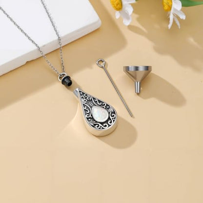 Teardrop Urn Necklace for Ashes Filigree Birthstone Keepsake Pendant Cremation Jewelry for Ashes Memorial Jewelry Gifts for Loss of a Loved One for Women - style: Oct-Opal