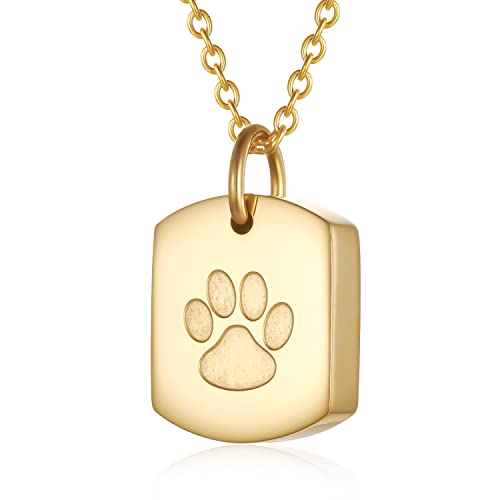 Stainless Steel Square Cremation Dog Tag Urn Necklace for Ashes — Pet Memorial Keepsake Jewelry for Dogs & Cats, Paw Print and Tree of Life Pendant for Women Men, Sympathy Bereavement Gift - color: Gold