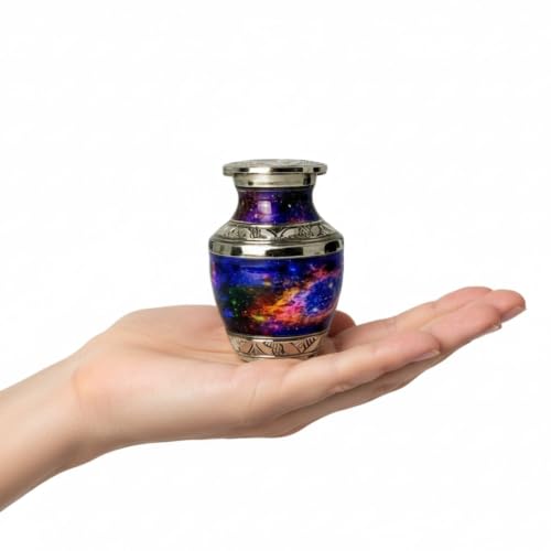 Helix Nebula Small Keepsake Urn for Human Ashes – Mini Brass Cremation Urn with Threaded Lid and Velvet Gift Box – Decorative Galaxy Memorial Keepsake - size: Small
