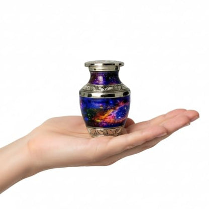 Helix Nebula Small Keepsake Urn for Human Ashes – Mini Brass Cremation Urn with Threaded Lid and Velvet Gift Box – Decorative Galaxy Memorial Keepsake - size: Small