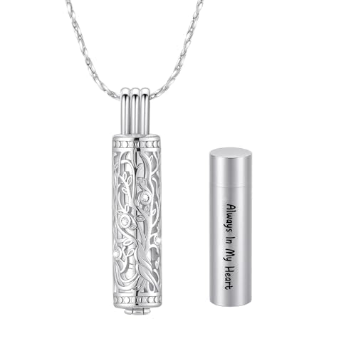Cylinder Urn Necklace Crystal Tree of Life Cremation Jewelry Pendant for Women Men Vial Cremation Ash Pendant Loved One Memorial Jewelry with Mini Keepsake Urn Ash - Always In My Heart - color: Silver-Always In My Heart