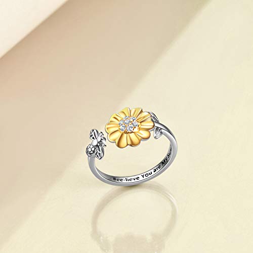 ONEFINITY Bee-Live You are My Sunshine Sterling Silver Sunflower Rings with Bee/Ladybug Open Adjustable Ring for Women