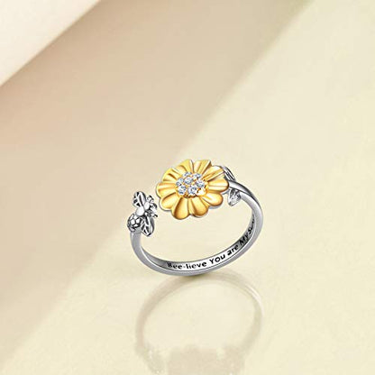 ONEFINITY Bee-Live You are My Sunshine Sterling Silver Sunflower Rings with Bee/Ladybug Open Adjustable Ring for Women