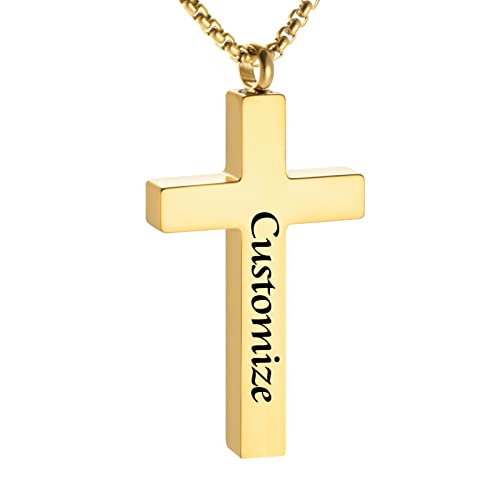 Dletay Cremation Necklace for Ashes Stainless Steel Cross Pendant Urn Necklace Memorial Keepsake Jewelry for Men Women - color: Gold-Custom
