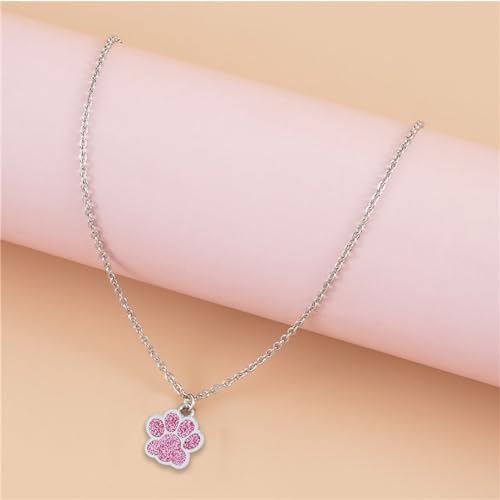 Dreuyet Paw Necklace and Earrings Set for Women Glitter Cute Dog Cat Pet Paw Print Pendant Necklace Earrings Lovely Animal Charm Jewelry Set Gifts - color: Silver Pink