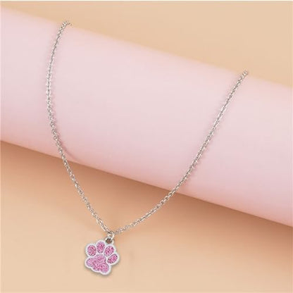 Dreuyet Paw Necklace and Earrings Set for Women Glitter Cute Dog Cat Pet Paw Print Pendant Necklace Earrings Lovely Animal Charm Jewelry Set Gifts - color: Silver Pink