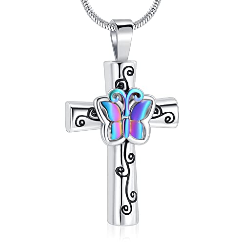 Minicremation Cremation Jewelry Cross Butterfly Urn Ashes Necklace for Women Men Loved One Memorial Ash Pendant for Human/Pet Funeral Keepsake Memorial Necklace - color: Colorful