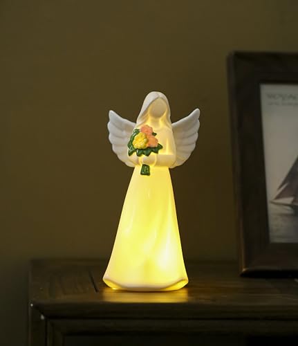 ADAVAS.Y&G Lighted Angel Figurine with Flowers – Ceramic Angel Night Light – LED Memorial Angel Statue – Christian Gift for Women, Mom, Grandma, Sympathy or Mother’s Day - color: Green