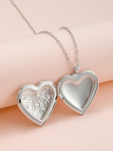 Vintage Engraved Flower Empaistic Photo Locket Pendant Necklaces Dainty Gold Silver Oval Round Heart Locket Hold Photo Picture Clavicle Chain Necklace for Women Men Souvenir Memorial Jewelry - style: Silver D