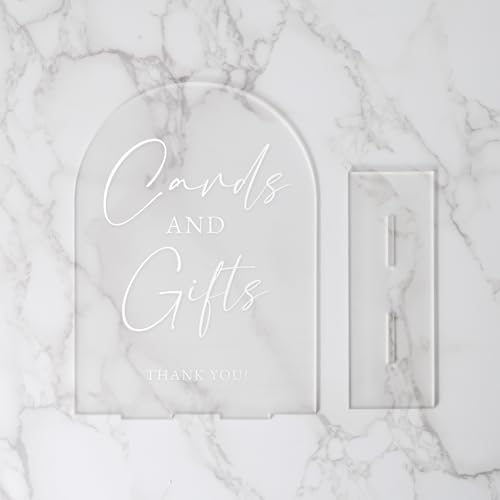 Cards and Gifts Sign with Stand- 5"x7" Frosted Arch Acrylic Wedding Sign and Base,1/8" Thick | Modern Calligraphy White Lettering Arch Acrylic Sign for Wedding Reception - style: Cards and Gifts