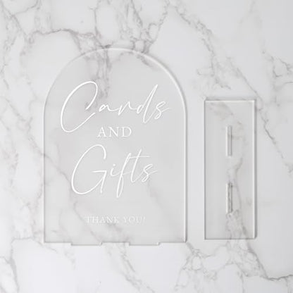 Cards and Gifts Sign with Stand- 5"x7" Frosted Arch Acrylic Wedding Sign and Base,1/8" Thick | Modern Calligraphy White Lettering Arch Acrylic Sign for Wedding Reception - style: Cards and Gifts