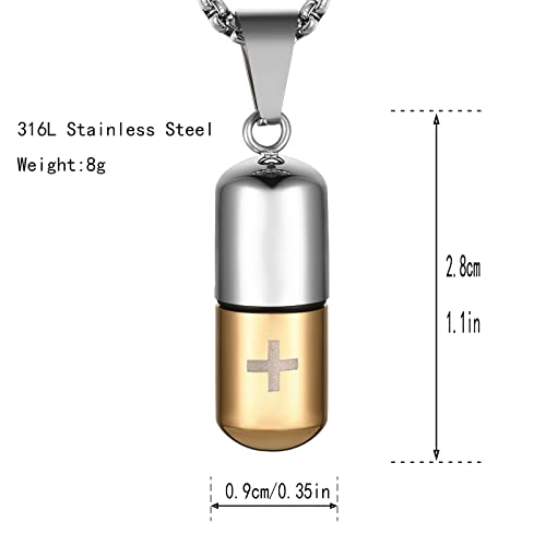 STWTR Stainless Steel Cylindrical Souvenir Capsule Pill Pendant Necklace, Cremated Ashes Pill Container Necklace - color: Gold