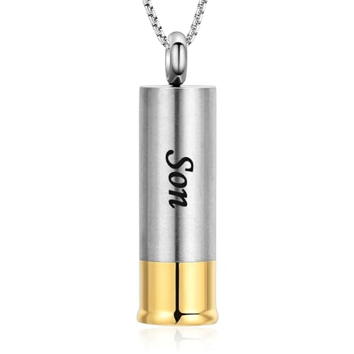 Oinsi Shotgun Shell Cremation Jewelry Urn Necklace For Ashes Of Loved Ones -Dad/Mom/Son/Grandma/Grandpa Cylinder Memorial Locket Pendant Necklace - color: Son
