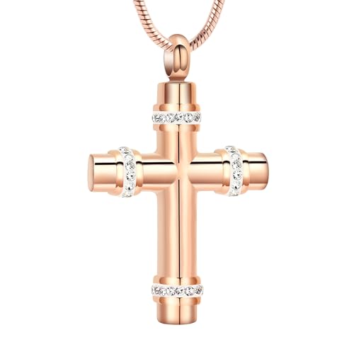 Cross Cremation Urn Necklace for Ashes, Crystal Inlaid Stainless Steel Memorial Pendant, Keepsake Jewelry for Human or Pet Ashes for Loved One Memorial Gift - color: Rose Gold