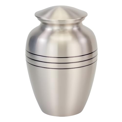 Classic Three Bands Pewter Cremation Urn for Ashes - Medium, Brass, Silver Urn, Medium Sized Cremation Urn, 8.25 Inches High - size: Medium Urn