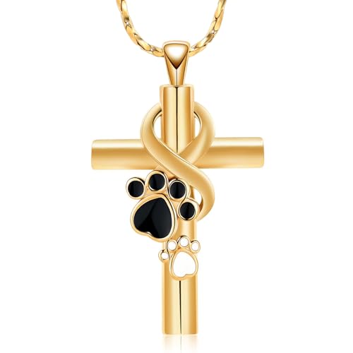 Cross Urn Necklace for Ashes Pet Paw Cremation Jewelry Ashes Necklace for Dog/Cat Paw Print Memorial Locket for Women Men - color: Gold