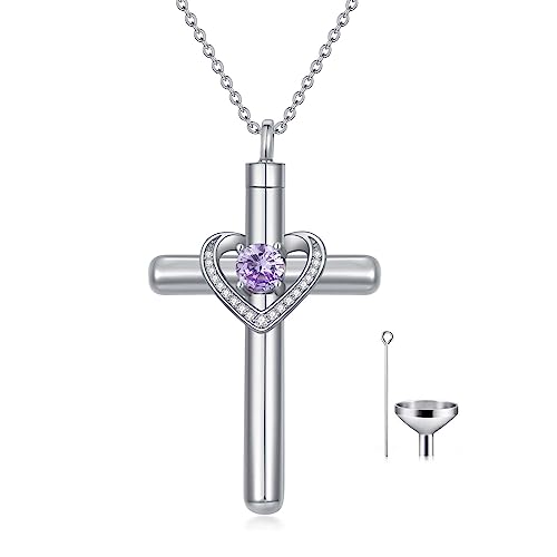 AOBOCO Cross Necklace for Ashes, Sterling Silver Birthstone Cross Urn Necklaces for Ashes Embellished with Crystals from Austria Keepsake Cremation Jewelry for Pet Human Ashes - color: 06-alexandrite-Jun