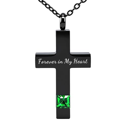 Cross Urn Necklace for Ashes Birthstone Cremation Jewelry Keepsake Pendant for Women Men with Funnel Filler Kit Memorial Gifts for Human Pet Forever in my heart - color: Black Green