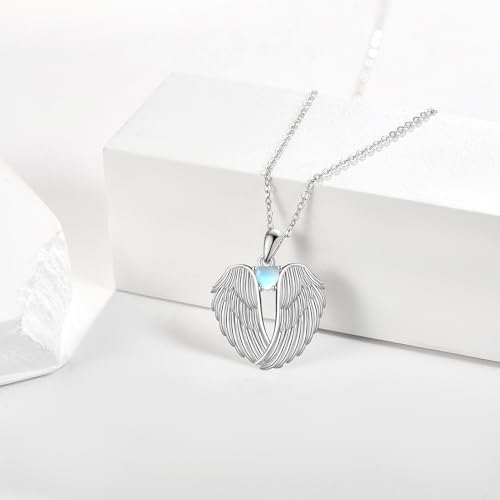 YFN Angel Wings Necklace 925 Sterling Silver Guardian Angel Wings Pendant Necklace Birthstone Necklace for Women Girls Christmas Jewelry Gifts - color: moonstone wings