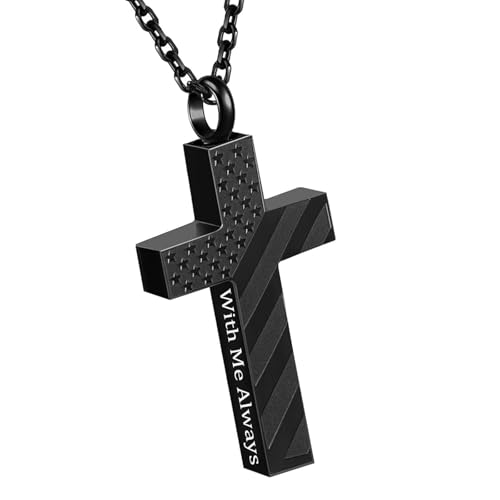 Cremation Jewelry American Flag Cross Urn Necklaces for Men Women Human Ashes Religious Cross Keepsake Memorial Pendant - color: Black-With Me Always