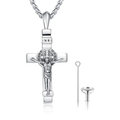 Crucifix Necklace for Men 925 Sterling Silver Jesus Cross Necklace Crucifix Cross Pendant Protection Jewelry for Men Women - style: B01-INRI-Urn