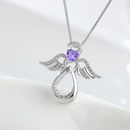925 Sterling Silver Guardian Angel Pendant Necklace for Women with Birthstone Cubic Zirconia Little Angel Pendant Necklace Jewelry 18 inch Chain - color: 02-Feb-Amethyst