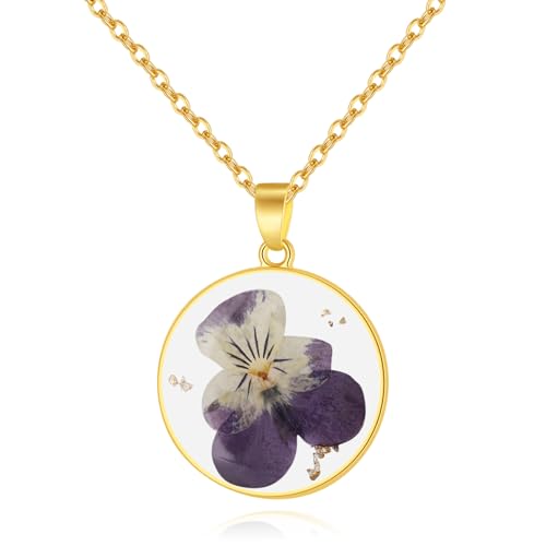 AUNTESIGN Forget-Me-Not and Queen Anne's Lace Pressed Wildflower Necklace | Birth Month Flowers Necklace | Gold/Silver Pressed Flower Jewelry | Mother's Day | Gift For Her - color: Pansy Necklace(February Birth Flower)