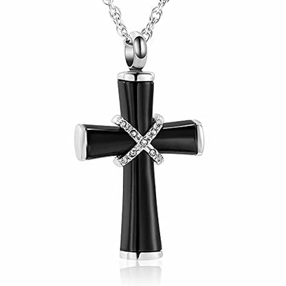 shajwo Cremation Jewelry Cross Urn Necklaces for Ashes for Women Men Urn Pendant Memorial Keepsake Ash Holder - color: 5-Black-Crystals