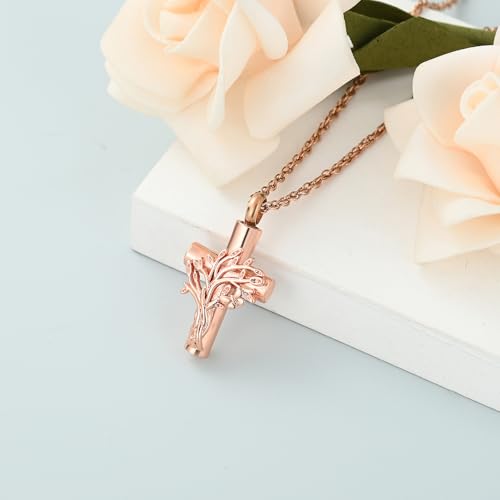 shajwo Tree of Life Cross Urn Necklace for Ashes - color: Rose Gold