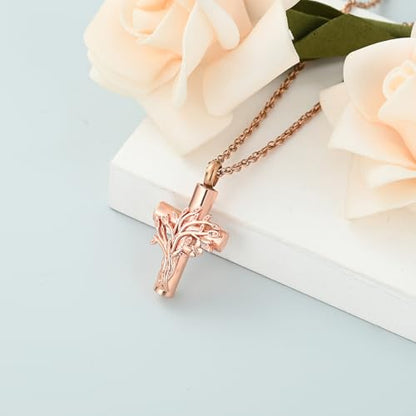 shajwo Tree of Life Cross Urn Necklace for Ashes - color: Rose Gold
