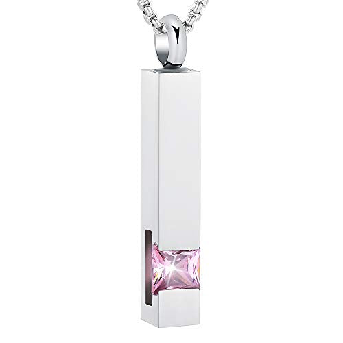 Oinsi Urn Necklaces for Ashes Crystal Cremation Urn Jewelry Birthstone Cube Urns for Human Ashes Memorial Ashes Necklace Pendant Keepsake CZ Bar Urn Locket for Men Women - color: Sliver (Pink Stone)
