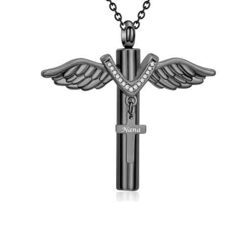 Cross Urn Necklace for Mom Dad Grandma Grandpa Brother Uncle Aunt Angel Wings Cremation Pendant Memorial Keepsake Jewelry - style: Nana