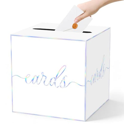 White Iridescent Card Box for Birthday Parties, Wedding and Bridal Shower | Collect Cards and Envelopes in One Place with an 8.7 Inch Cube, Wide Top Slot and Holographic White Design - color: White Iridescent