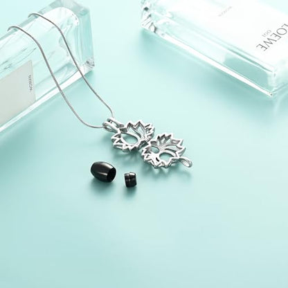 Cremation Jewelry Lotus Flower Urn Necklaces for Ashes Stainless Stell Memorial Ash Pendant Necklaces with Mini Urn Keepsake Ash Jewelry for Men Women Gifts with Funnel Filler Kit - color: Silver-Black