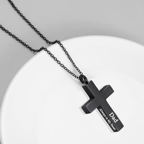 Cross Urn Necklace for Ashes for Men Women Cremation Jewelry Urns Locket Pendant Ashes Holder Memorial Jewelry-Always in My Heart - color: Black Dad