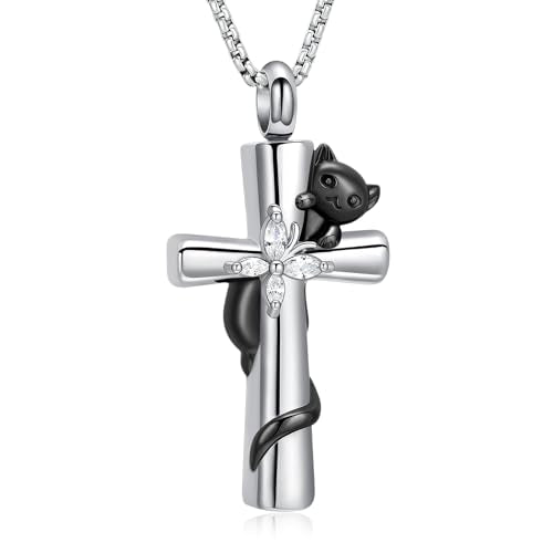 Oinsi Cross Urn Necklace for Ashes for Men Women Cremation Jewelry Cat Memorial Pendant Ashes Keepsake Human Pet Ashes Holder - color: Black