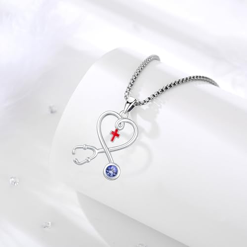 Angel Wings Necklace 925 Sterling Silver Guardian Angel Nurse RN Caduceus Pendant Charm Crystal Angel Jewelry Gifts for Women - style: H-Stethoscope-12-Dec.-Tanzanite
