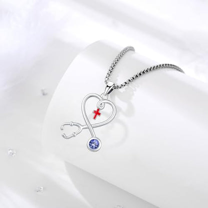 Angel Wings Necklace 925 Sterling Silver Guardian Angel Nurse RN Caduceus Pendant Charm Crystal Angel Jewelry Gifts for Women - style: H-Stethoscope-12-Dec.-Tanzanite