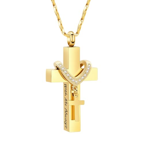 Cross Urn Necklace for Ashes Cremation Jewelry with Mini Keepsake Engraved Memorial Ash Pendant for Loved Ones Sympathy Gift - With Me Always - color: Gold-With Me Always