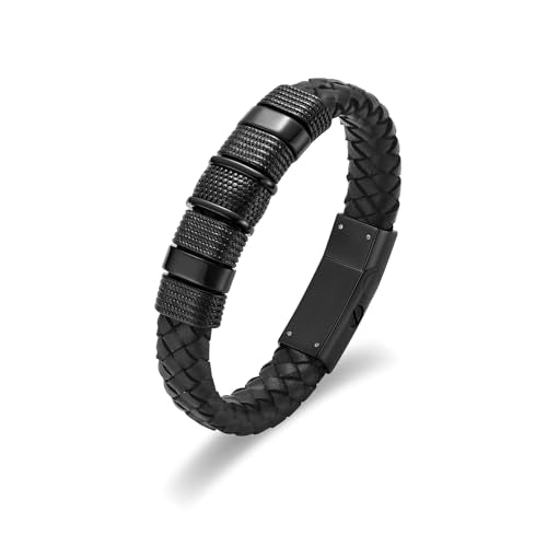Cremation Jewelry Urn Bracelet for Ashes Men's Braided Genuine Leather Stainless Steel Memorial Cuff Bangle Braided Wristband Bracelet Keepsake Jewelry for Loved Ones with Fill Tool - color: A-Black 20cm