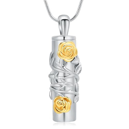 Cylinder Urn Necklace for Ashes Roseflower Cremation Jewelry Urn Ashes Necklace for Women Men Memorial Keepsake Necklace of Loved One - color: Silver-Gold