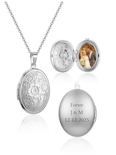 Custom Photo Locket Necklace Women Personalized Text Birth Flower Necklace that Hold Picture Stainless Steel Memorial Jewelry for Mothers Day Christmas - color: Silver Floral Lokcet Necklace