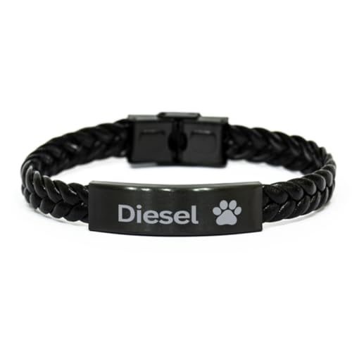 Diesel Paw Print Name Braided Leather Bracelet - Loss of Pet Remembrance ID Plate Bracelet Dog Cat Pet Paw Pet Lover Memorial Gifts For Men Women, Engraved Adjustable