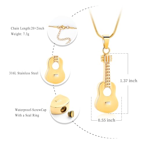 Oinsi Guitar Urn Necklace for Ashes Cremation Pendants Jewelry Ashes Holder Memorial Urn Necklace Cremation Jewelry for Human with Filling Kits - color: Gold