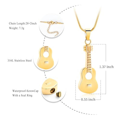 Oinsi Guitar Urn Necklace for Ashes Cremation Pendants Jewelry Ashes Holder Memorial Urn Necklace Cremation Jewelry for Human with Filling Kits - color: Gold