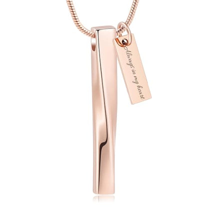 Urn Necklace for Ashes Twist Strip Cremation Jewelry Bar Ashes Necklace Memorial Keepsake Urn Pendant for Women Men Always In My Heart - color: Rose gold-Always