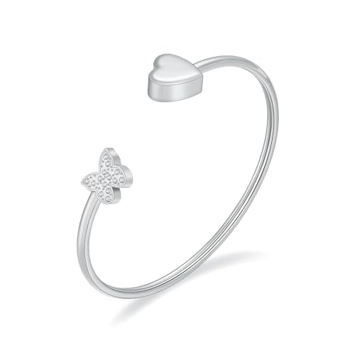 Urn Bracelet for Ashes Butterfly Heart Cremation Ash Bracelet for Women Men Openable Cuff Bangle Memorial Ashes Bracelets Always in My Heart - color: Silver